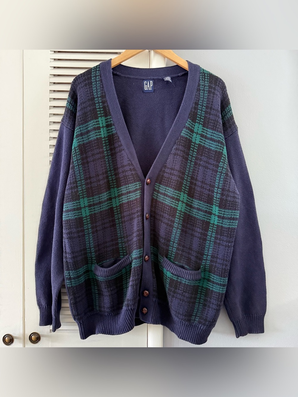 Vintage Gap Plaid Navy Blue  Green Cardigan Sweater Size XL